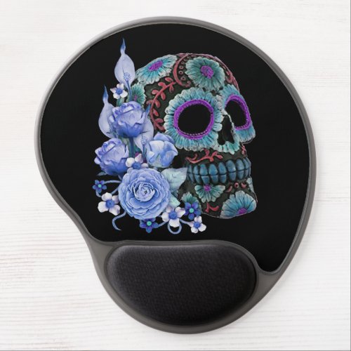 Blue Floral Black Sugar Skull Day Of The Dead Gel Mouse Pad