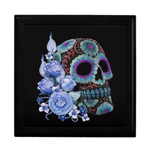 Blue Floral Black Sugar Skull Day Of The Dead Gift Box