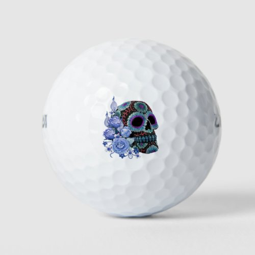 Blue Floral Black Sugar Skull Day Of The Dead Golf Balls