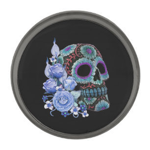 Blue Floral Black Sugar Skull Day Of The Dead Gunmetal Finish Lapel Pin