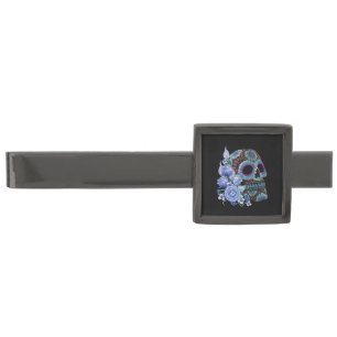 Blue Floral Black Sugar Skull Day Of The Dead Gunmetal Finish Tie Bar
