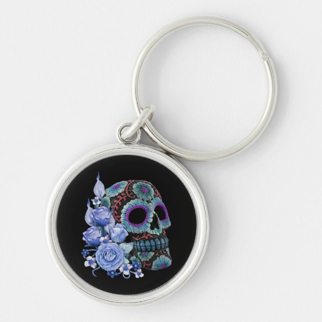 Blue Floral Black Sugar Skull Day Of The Dead Keychain (Front)