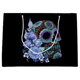 Blue Floral Black Sugar Skull Day Of The Dead Large Gift Bag