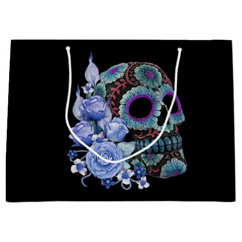 Blue Floral Black Sugar Skull Day Of The Dead Large Gift Bag