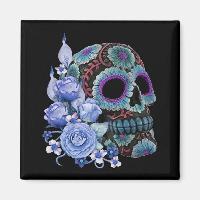 Blue Floral Black Sugar Skull Day Of The Dead Magnet (Front)