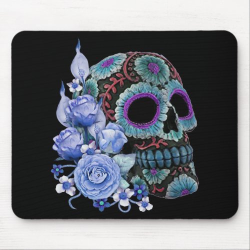 Blue Floral Black Sugar Skull Day Of The Dead Mouse Pad