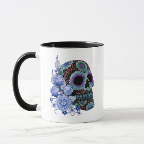 Blue Floral Black Sugar Skull Day Of The Dead Mug