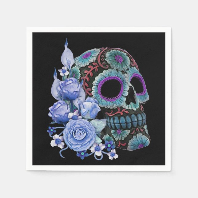 Blue Floral Black Sugar Skull Day Of The Dead Napkins (Front)