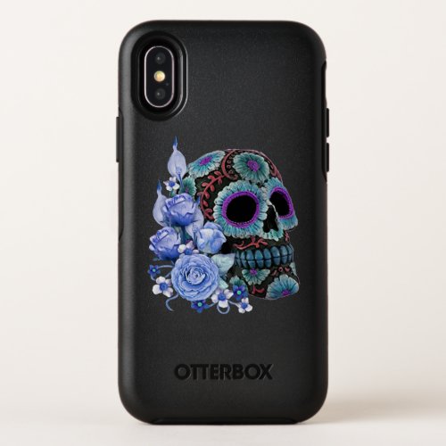 Blue Floral Black Sugar Skull Day Of The Dead OtterBox Symmetry iPhone X Case