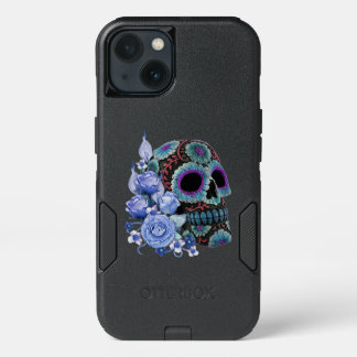 Blue Floral Black Sugar Skull Day Of The Dead iPhone 13 Case