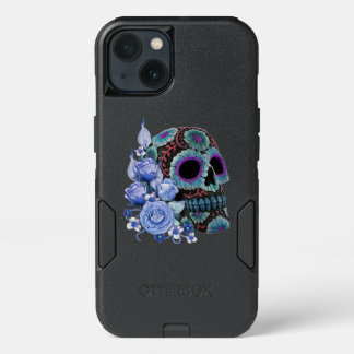 Blue Floral Black Sugar Skull Day Of The Dead iPhone 13 Case