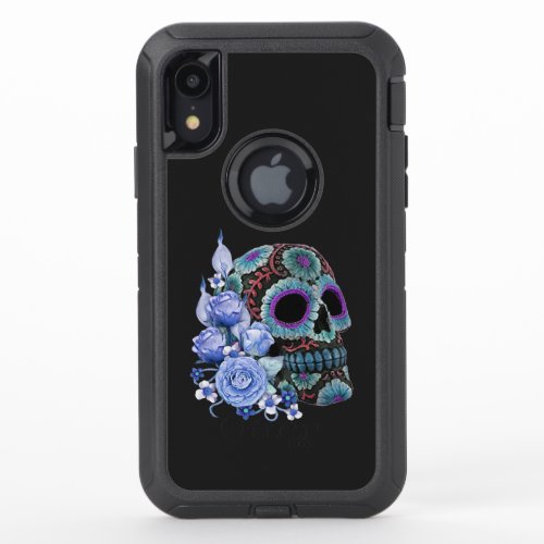 Blue Floral Black Sugar Skull Day Of The Dead OtterBox Defender iPhone XR Case