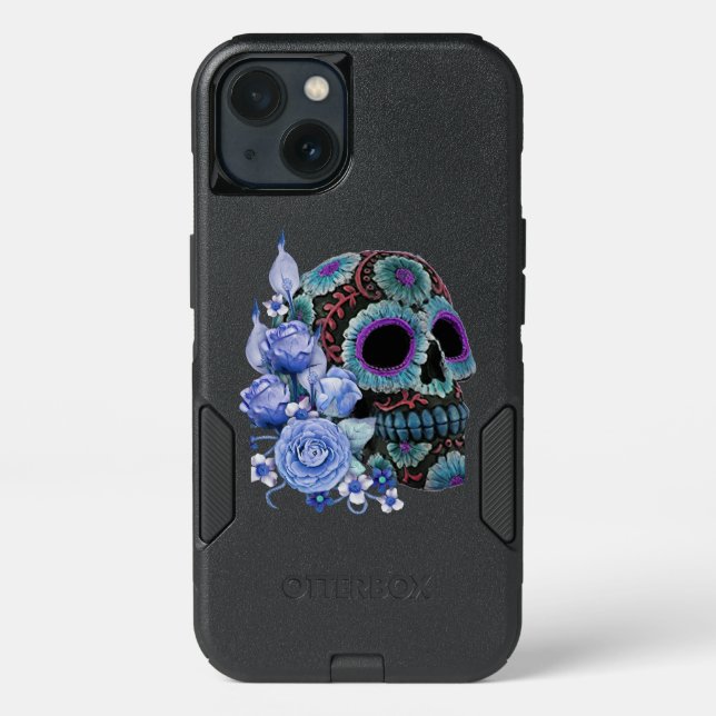 Blue Floral Black Sugar Skull Day Of The Dead Otterbox iPhone Case (Back)