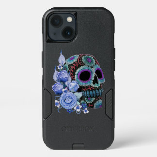 Blue Floral Black Sugar Skull Day Of The Dead iPhone 13 Case
