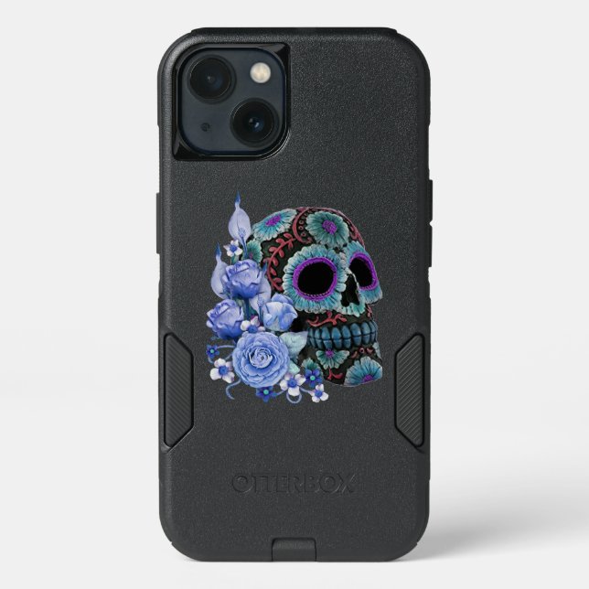 Blue Floral Black Sugar Skull Day Of The Dead Otterbox iPhone Case (Back)