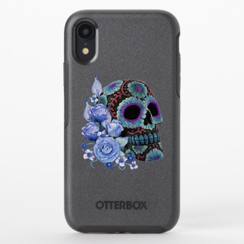 Blue Floral Black Sugar Skull Day Of The Dead OtterBox Symmetry iPhone XR Case