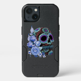 Blue Floral Black Sugar Skull Day Of The Dead iPhone 13 Case