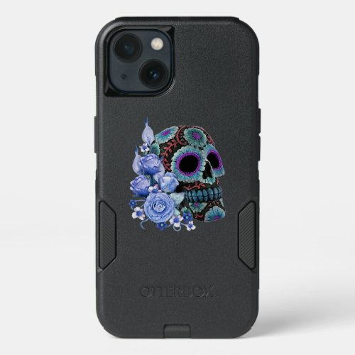 Blue Floral Black Sugar Skull Day Of The Dead iPhone 13 Case