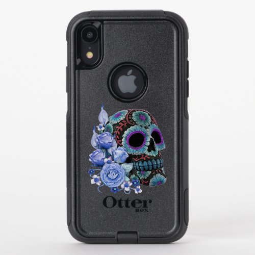 Blue Floral Black Sugar Skull Day Of The Dead OtterBox Commuter iPhone XR Case