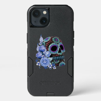 Blue Floral Black Sugar Skull Day Of The Dead iPhone 13 Case