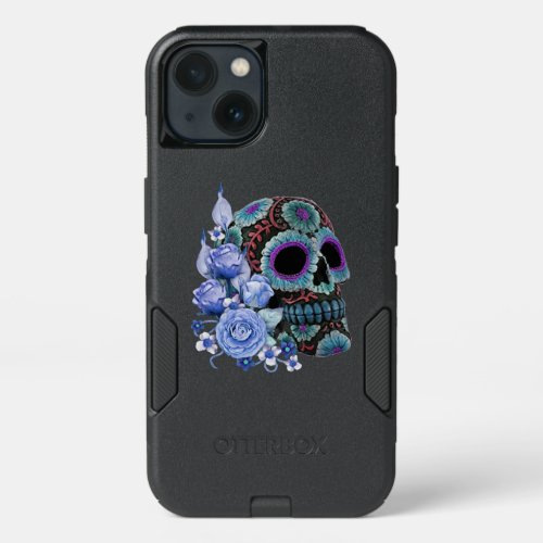 Blue Floral Black Sugar Skull Day Of The Dead iPhone 13 Case