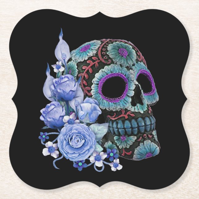 Blue Floral Black Sugar Skull Day Of The Dead Paper Coaster (Front)