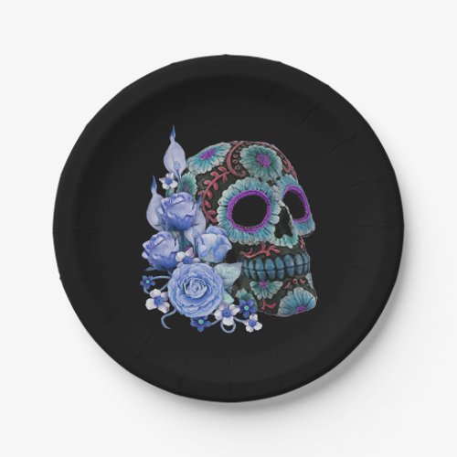 Blue Floral Black Sugar Skull Day Of The Dead Paper Plates