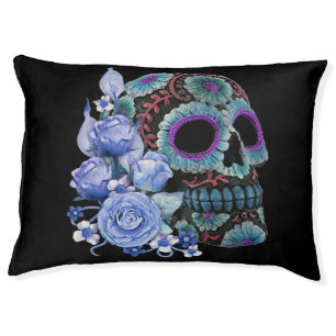 Blue Floral Black Sugar Skull Day Of The Dead Pet Bed