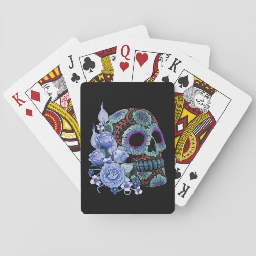 Blue Floral Black Sugar Skull Day Of The Dead Playing Cards