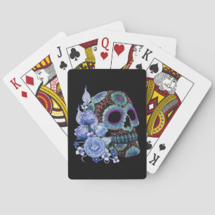 Blue Floral Black Sugar Skull Day Of The Dead Poker Cards