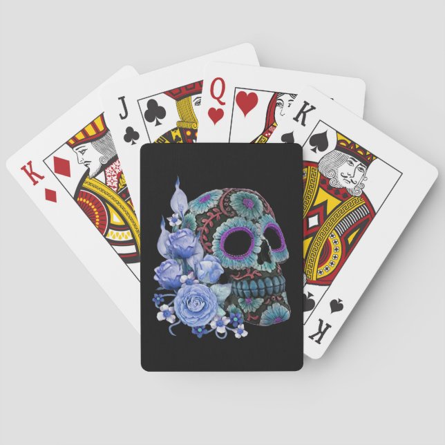 Blue Floral Black Sugar Skull Day Of The Dead Poker Cards (Back)