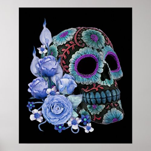Blue Floral Black Sugar Skull Day Of The Dead Poster