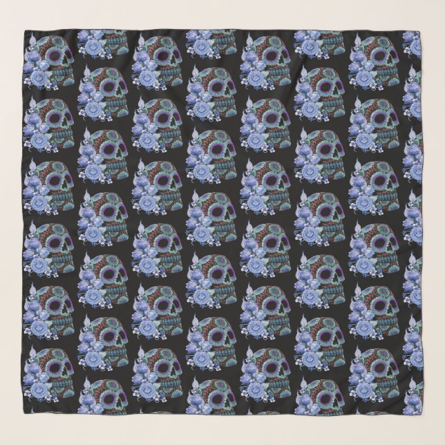 Blue Floral Black Sugar Skull Day Of The Dead Scarf (Front)