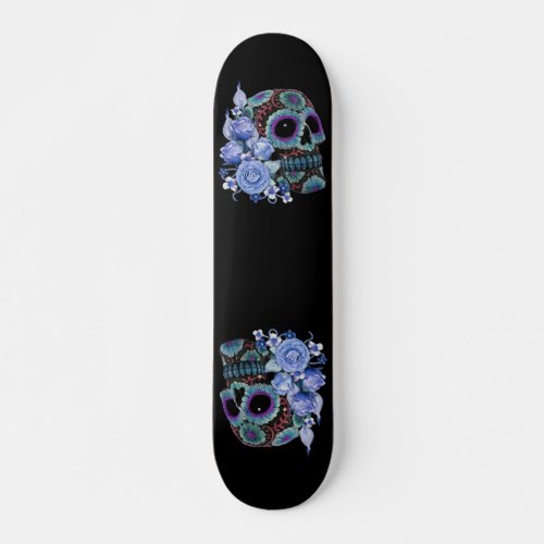 Blue Floral Black Sugar Skull Day Of The Dead Skateboard