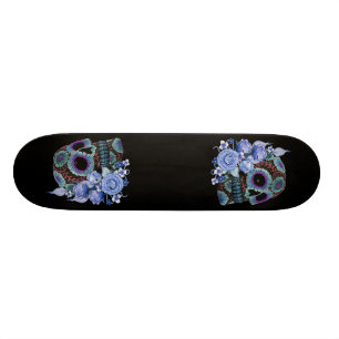 Blue Floral Black Sugar Skull Day Of The Dead Skateboard