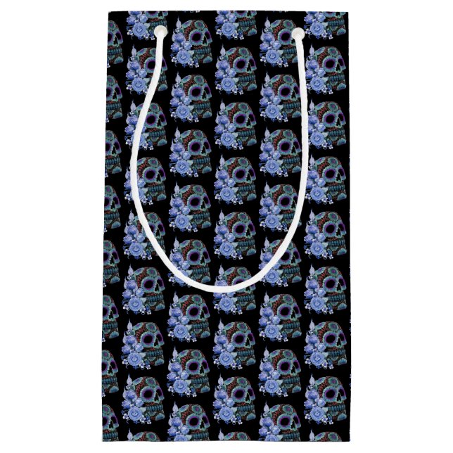 Blue Floral Black Sugar Skull Day Of The Dead Small Gift Bag (Front)