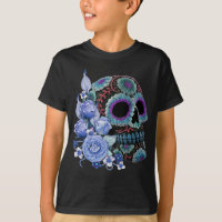 Blue Floral Black Sugar Skull Day Of The Dead