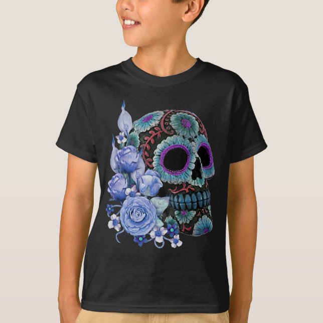 Blue Floral Black Sugar Skull Day Of The Dead T-Shirt (Front)