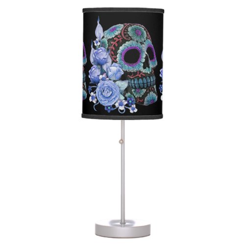 Blue Floral Black Sugar Skull Day Of The Dead Table Lamp