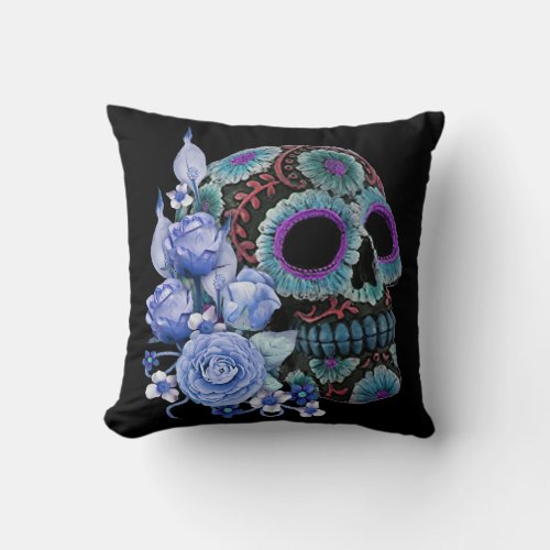 Blue Floral Black Sugar Skull Day Of The Dead Throw Pillow