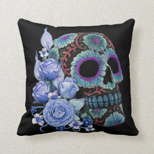 Blue Floral Black Sugar Skull Day Of The Dead Throw Pillow