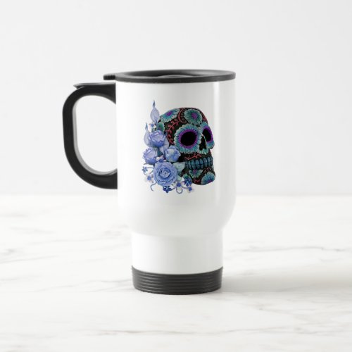 Blue Floral Black Sugar Skull Day Of The Dead Travel Mug