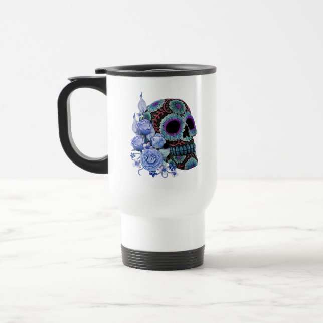 Blue Floral Black Sugar Skull Day Of The Dead Travel Mug (Left)