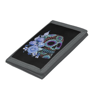 Blue Floral Black Sugar Skull Day Of The Dead Tri-fold Wallet