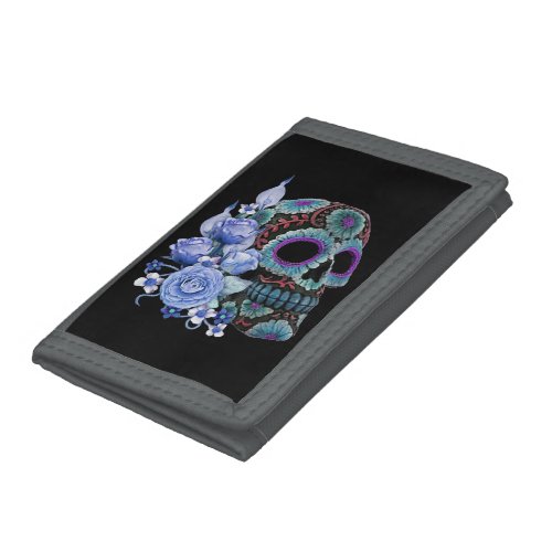 Blue Floral Black Sugar Skull Day Of The Dead Trifold Wallet