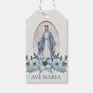 Blue Floral Blessed Mother Catholic Religious Gift Tags