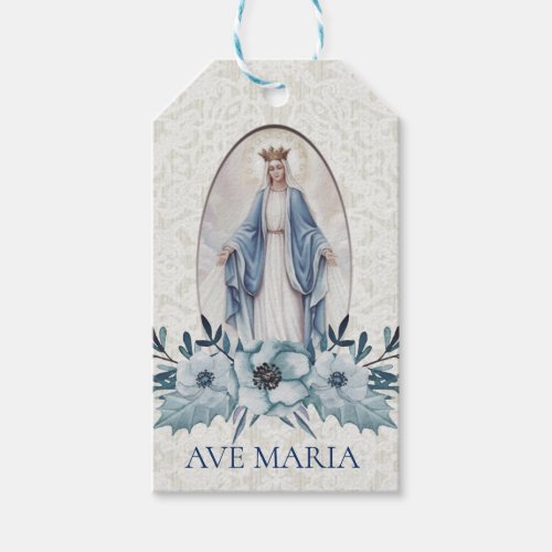 Blue Floral Blessed Mother Catholic Religious Gift Tags