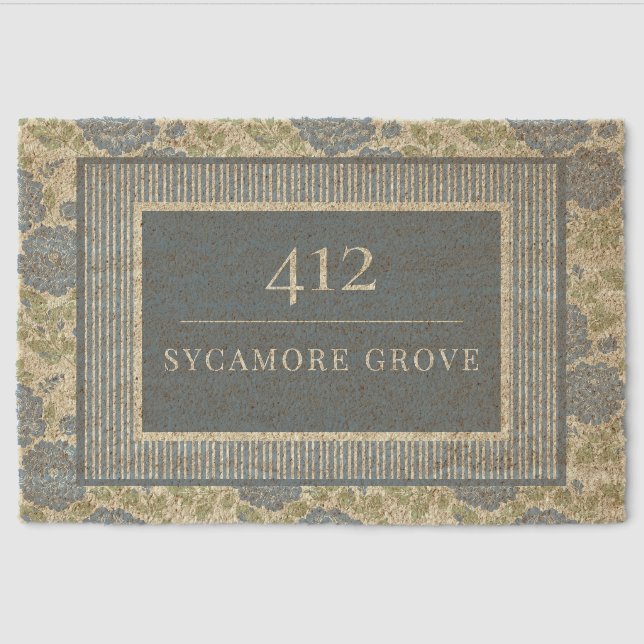 Blue Floral Block Print Stripe Layered Fiber Doormat (Front)