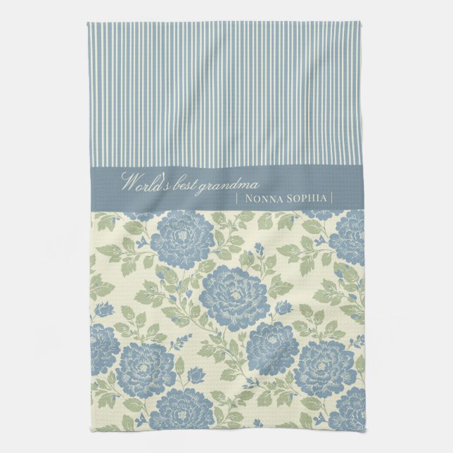 Blue Floral Block Print w Blue Stripes Kitchen Towel (Vertical)