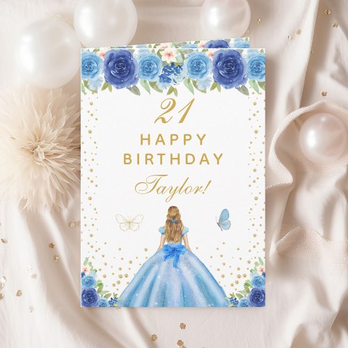 Blue Floral Blonde Hair Girl Happy Birthday Card
